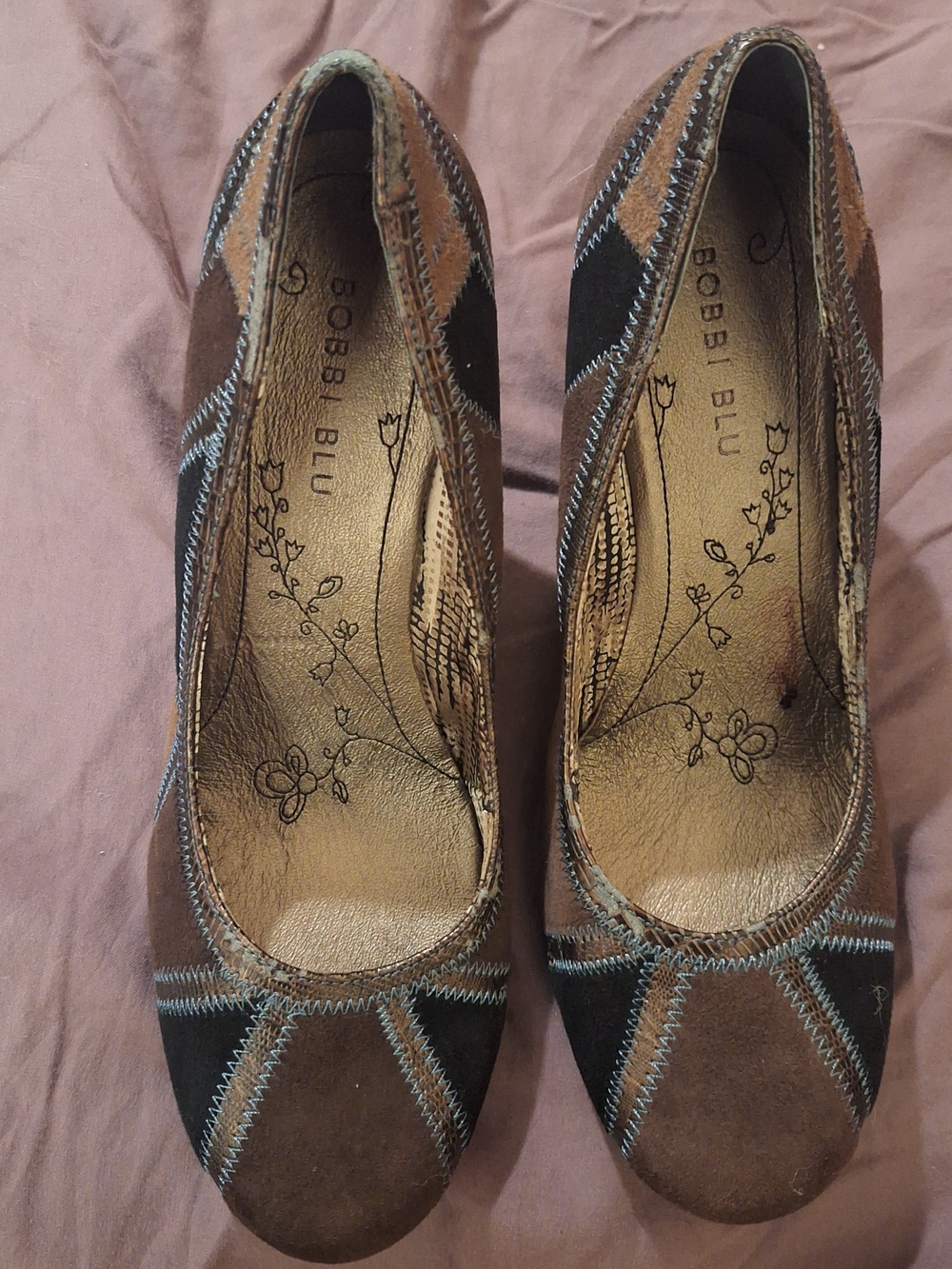 Vintage Bobbi Blu Brown Leather Jordana Patchwork Seude Heels